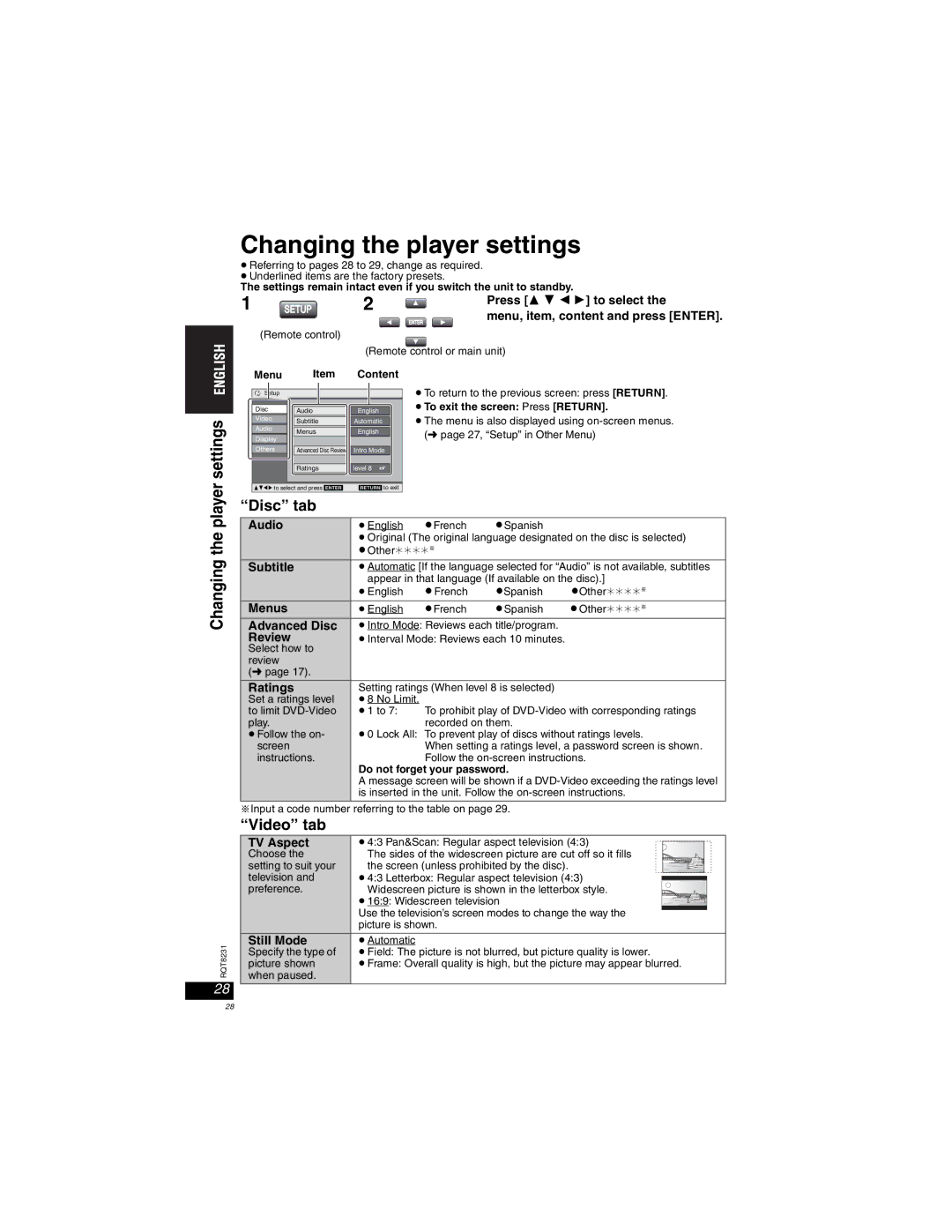 Panasonic DVD-LX110 manuel dutilisation Changing the player settings, Settings, Disc tab, Video tab 