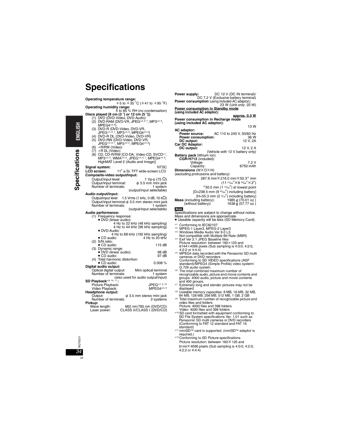 Panasonic DVD-LX110 manuel dutilisation Specifications 