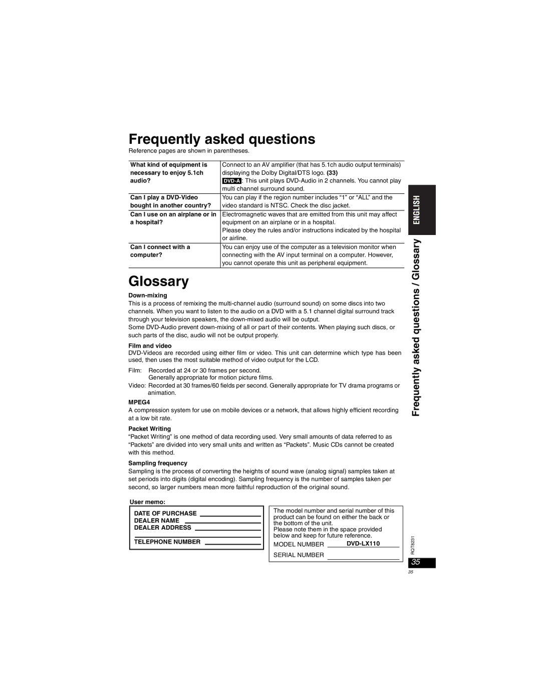 Panasonic DVD-LX110 manuel dutilisation Frequently asked questions / Glossary, MPEG4 