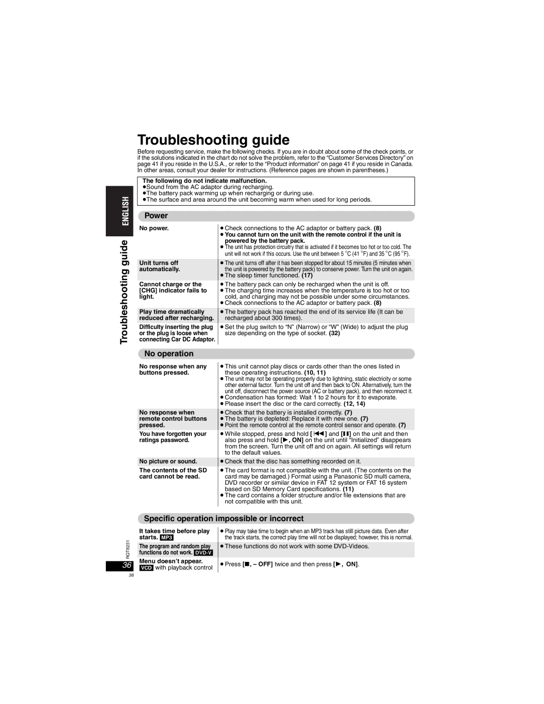 Panasonic DVD-LX110 Troubleshooting guide, Power, No operation, Specific operation impossible or incorrect 