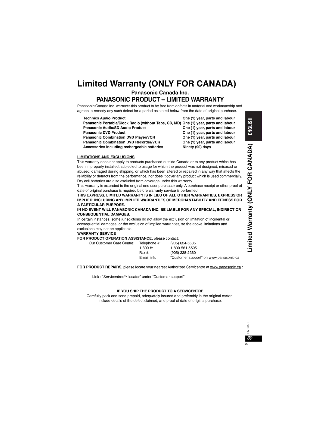 Panasonic DVD-LX110 manuel dutilisation Limited Warranty only for Canada, Panasonic Canada Inc 