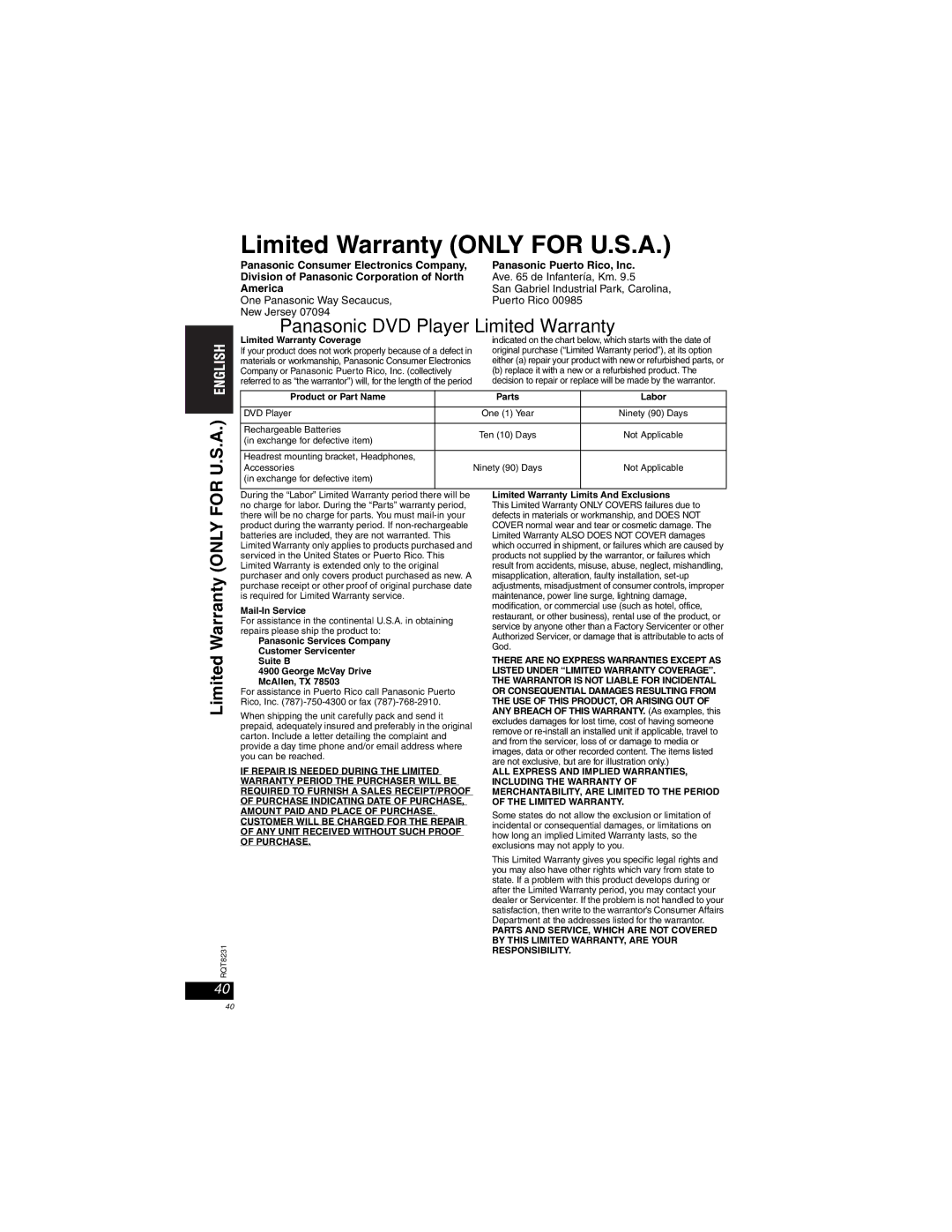 Panasonic DVD-LX110 Limited Warranty only for U.S.A, Panasonic DVD Player Limited Warranty, Panasonic Puerto Rico, Inc 