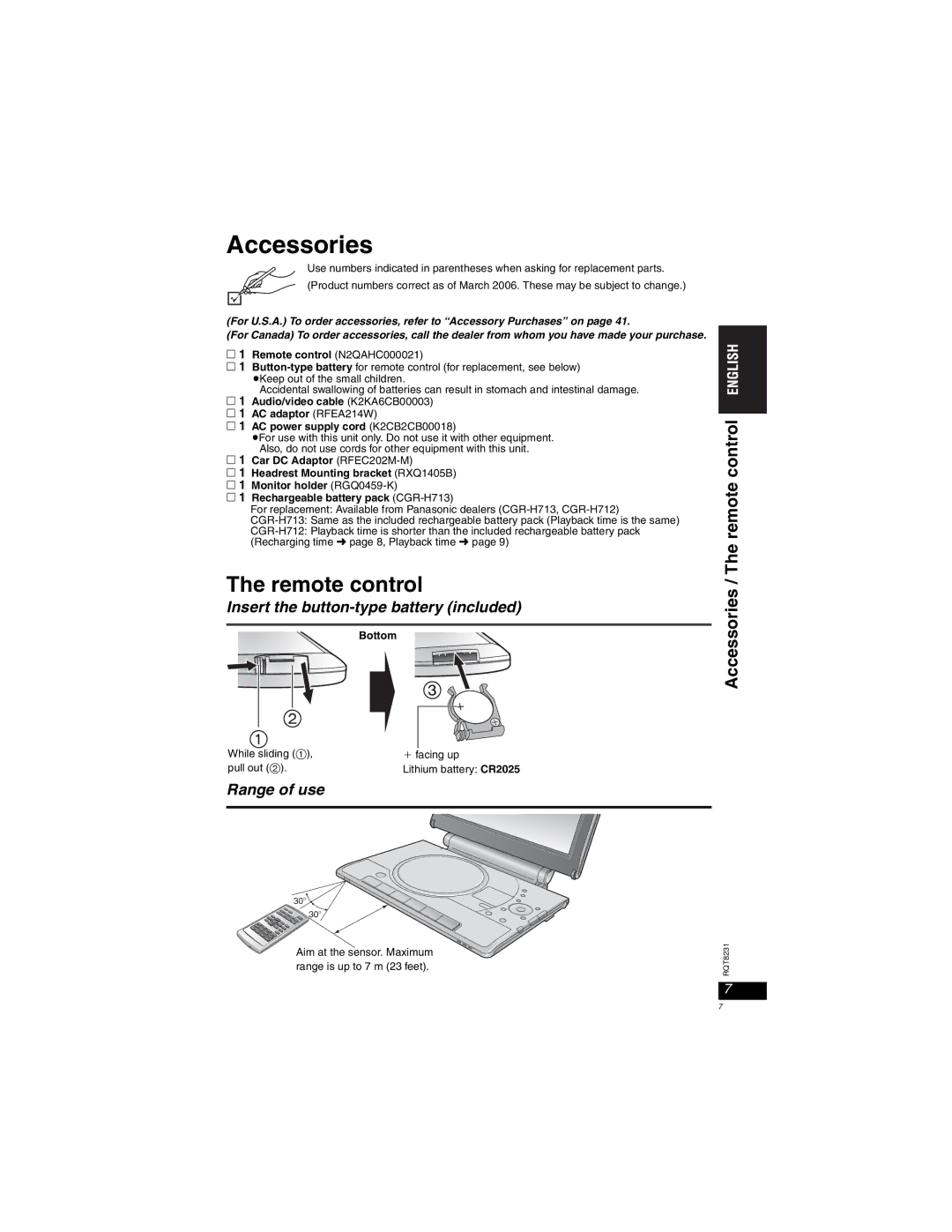 Panasonic DVD-LX110 Accessories / The remote control, Insert the button-type battery included, Range of use 