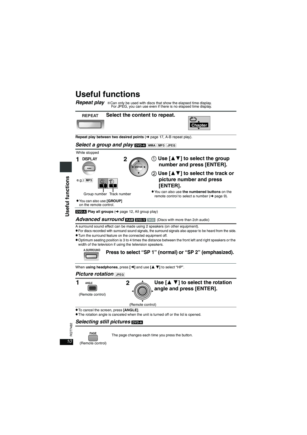 Panasonic DVD-LX8 important safety instructions Useful functions, Picture rotation Jpeg, Selecting still pictures DVD-A 