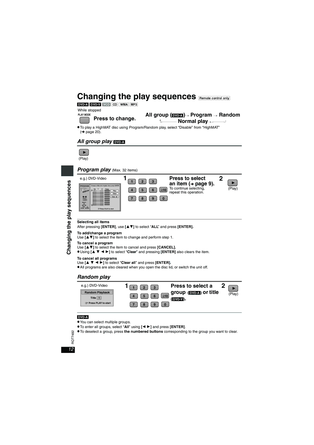 Panasonic DVD-LX8 Changing the play sequences Remote\control\only, All group play DVD-A, Random play 