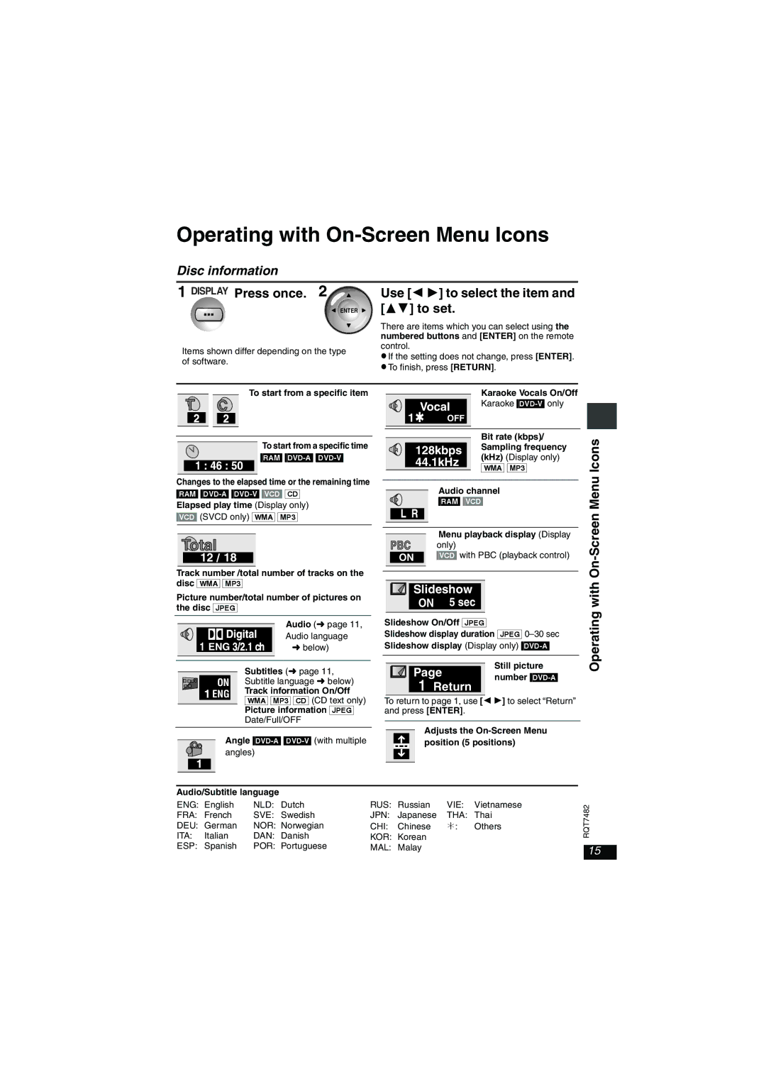 Panasonic DVD-LX8 important safety instructions Operating with On-Screen Menu Icons, Disc information, Display Press once 