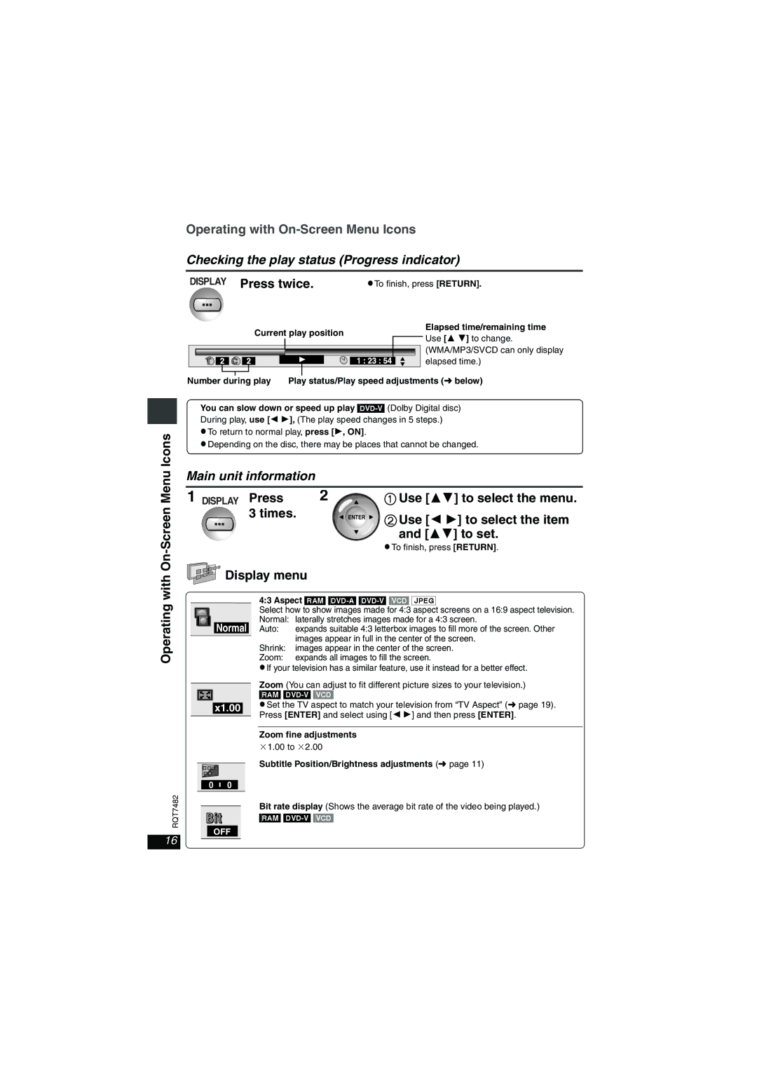 Panasonic DVD-LX8 important safety instructions Checking the play status Progress indicator, Main unit information 