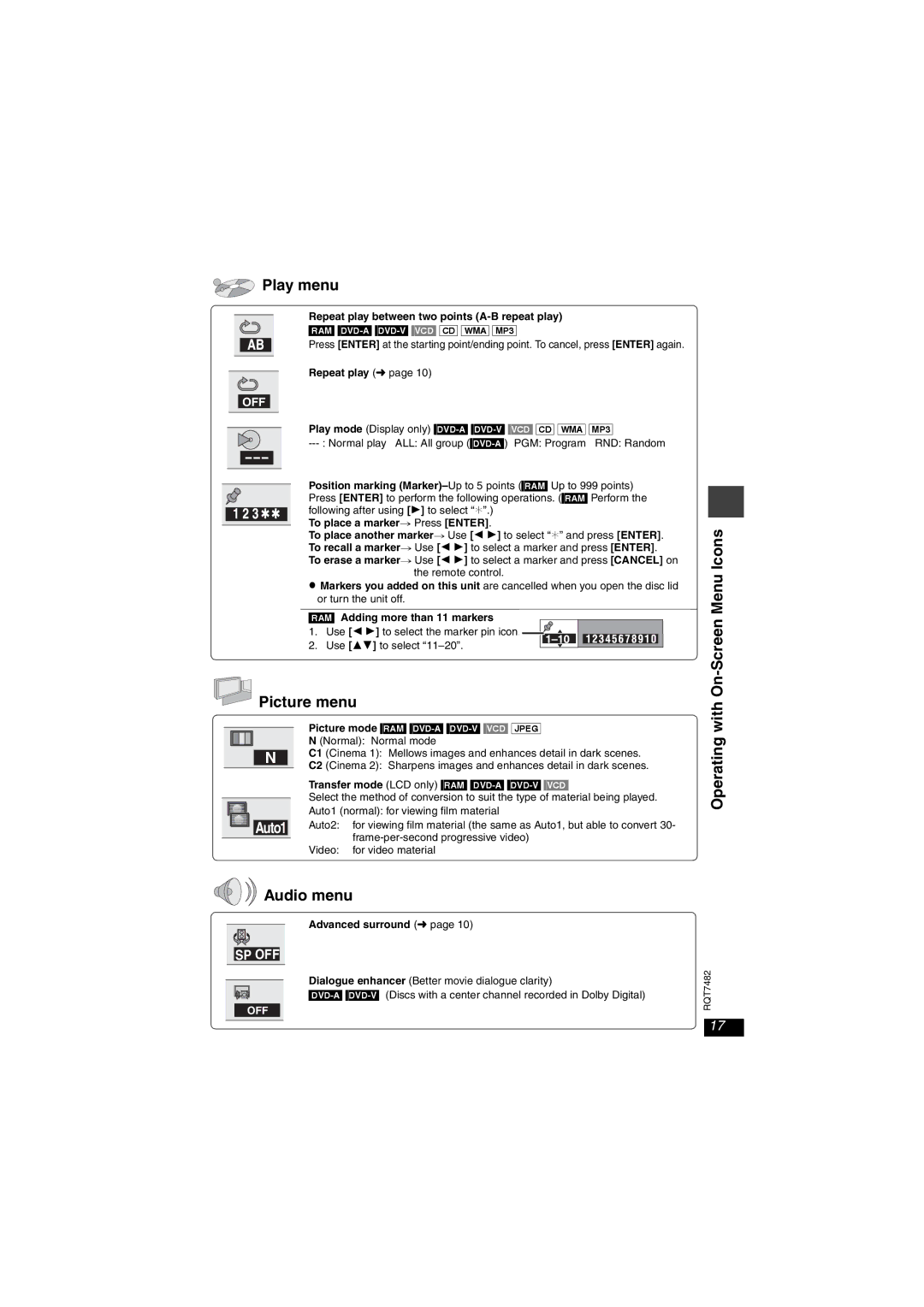 Panasonic DVD-LX8 important safety instructions Play menu, Picture menu, Operating with On-Screen Menu Icons Audio menu 