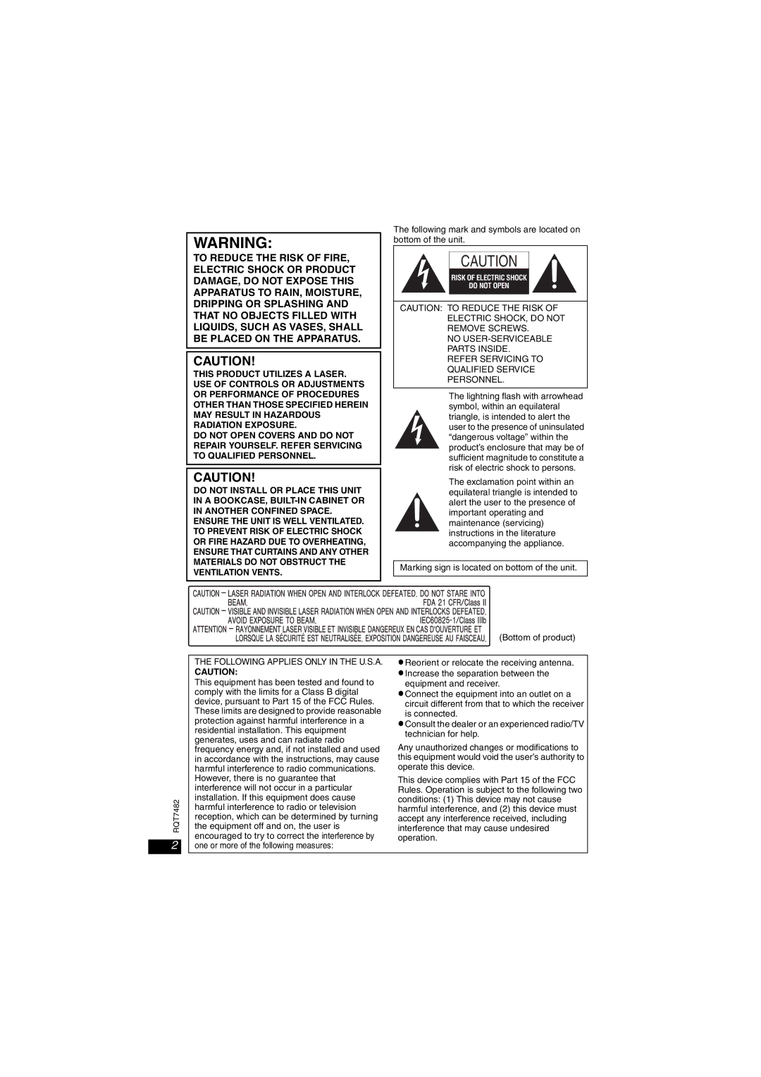 Panasonic DVD-LX8 important safety instructions Following mark and symbols are located on bottom of the unit 