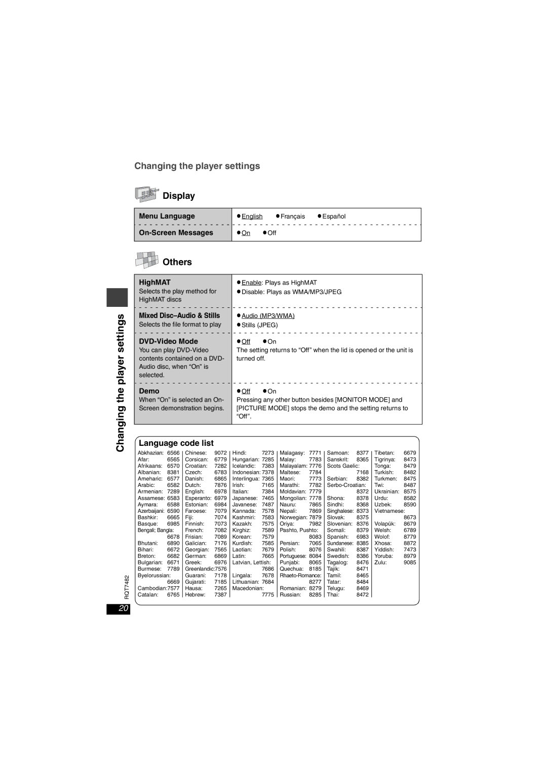 Panasonic DVD-LX8 important safety instructions Display, Others, Language code list 