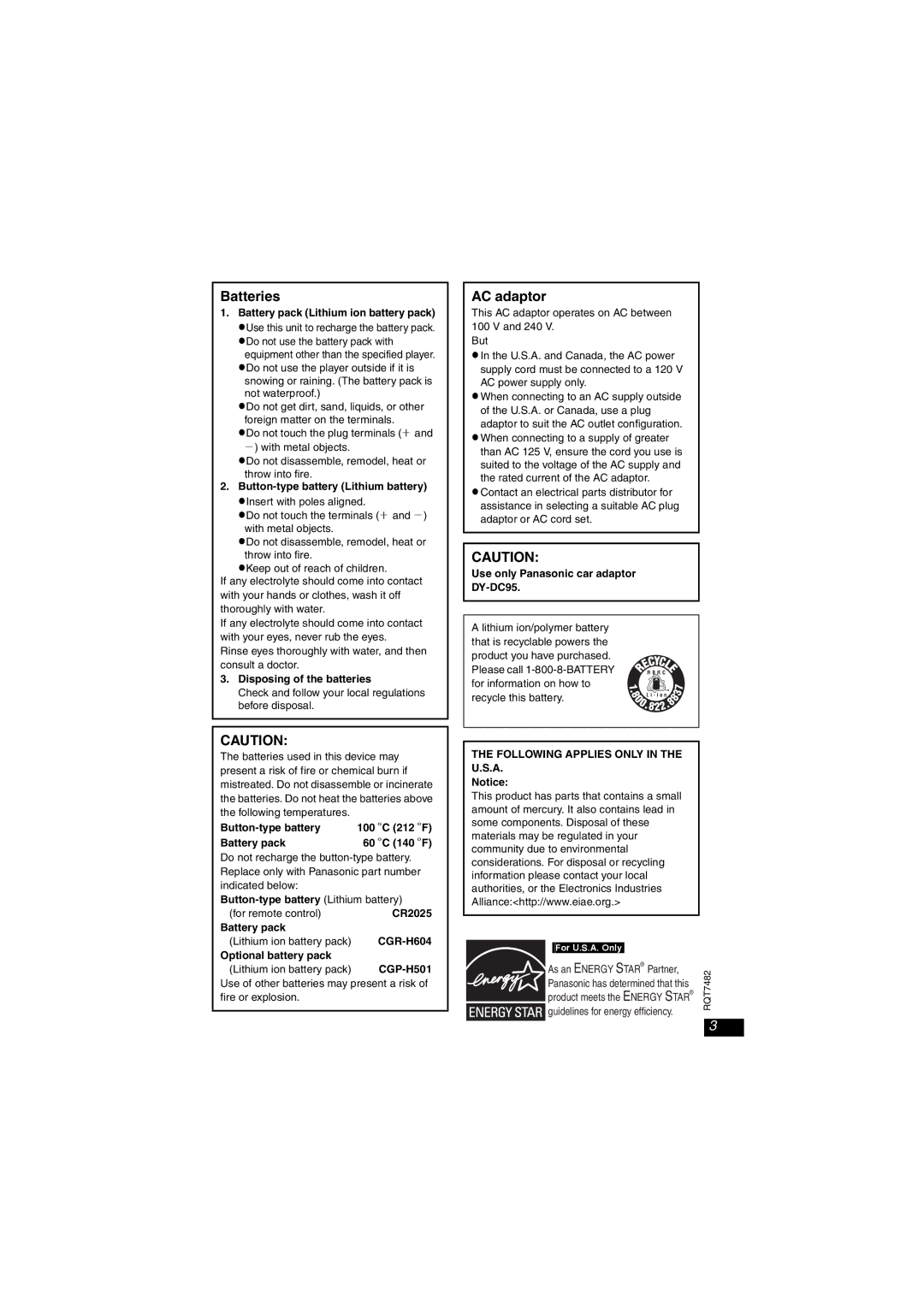 Panasonic DVD-LX8 important safety instructions Batteries, AC adaptor, Following Applies only in the U.S.A 