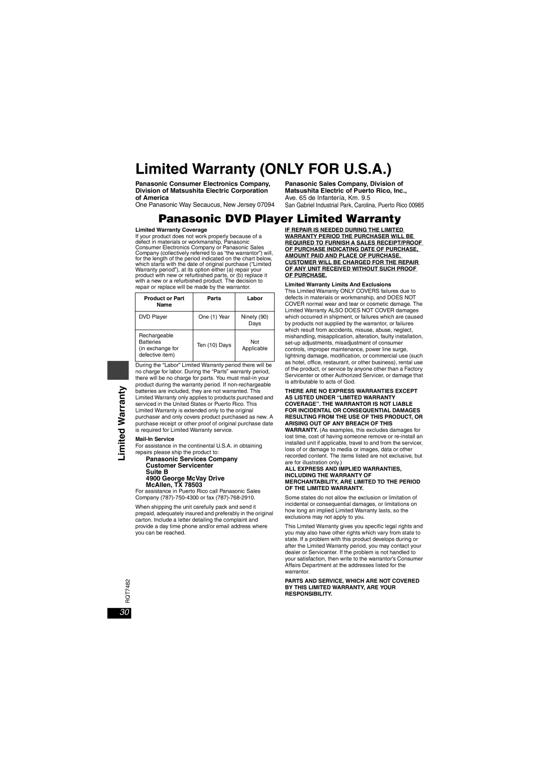 Panasonic DVD-LX8 important safety instructions Limited Warranty only for U.S.A 