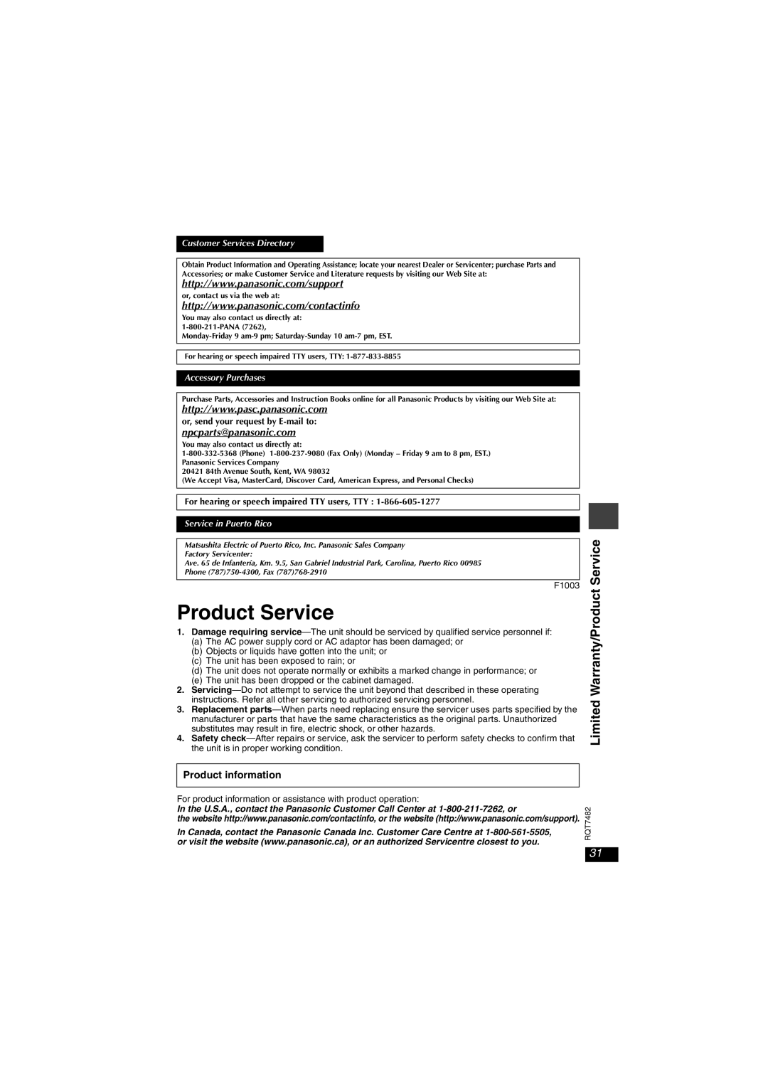 Panasonic DVD-LX8 important safety instructions Limited Warranty/Product Service, Product information 