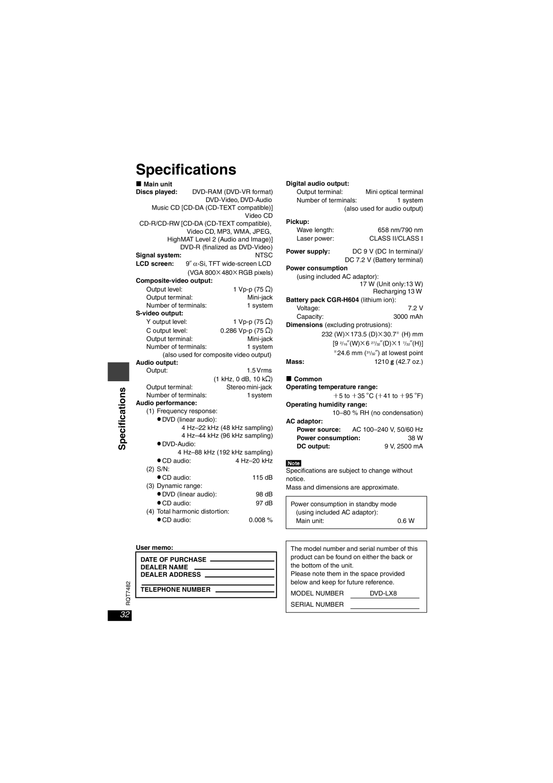 Panasonic DVD-LX8 important safety instructions Specifications 