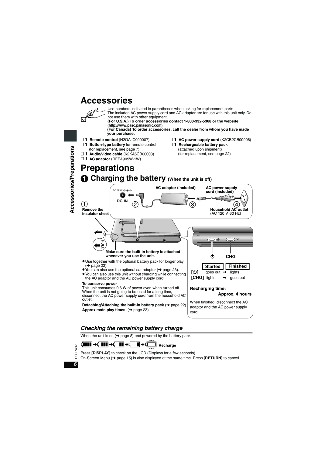 Panasonic DVD-LX8 important safety instructions Accessories/Preparations, Checking the remaining battery charge 