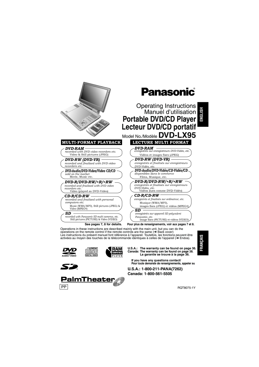 Panasonic DVD-LX95 operating instructions A -800-211-PANA7262 Canada, RQT8075-1Y 