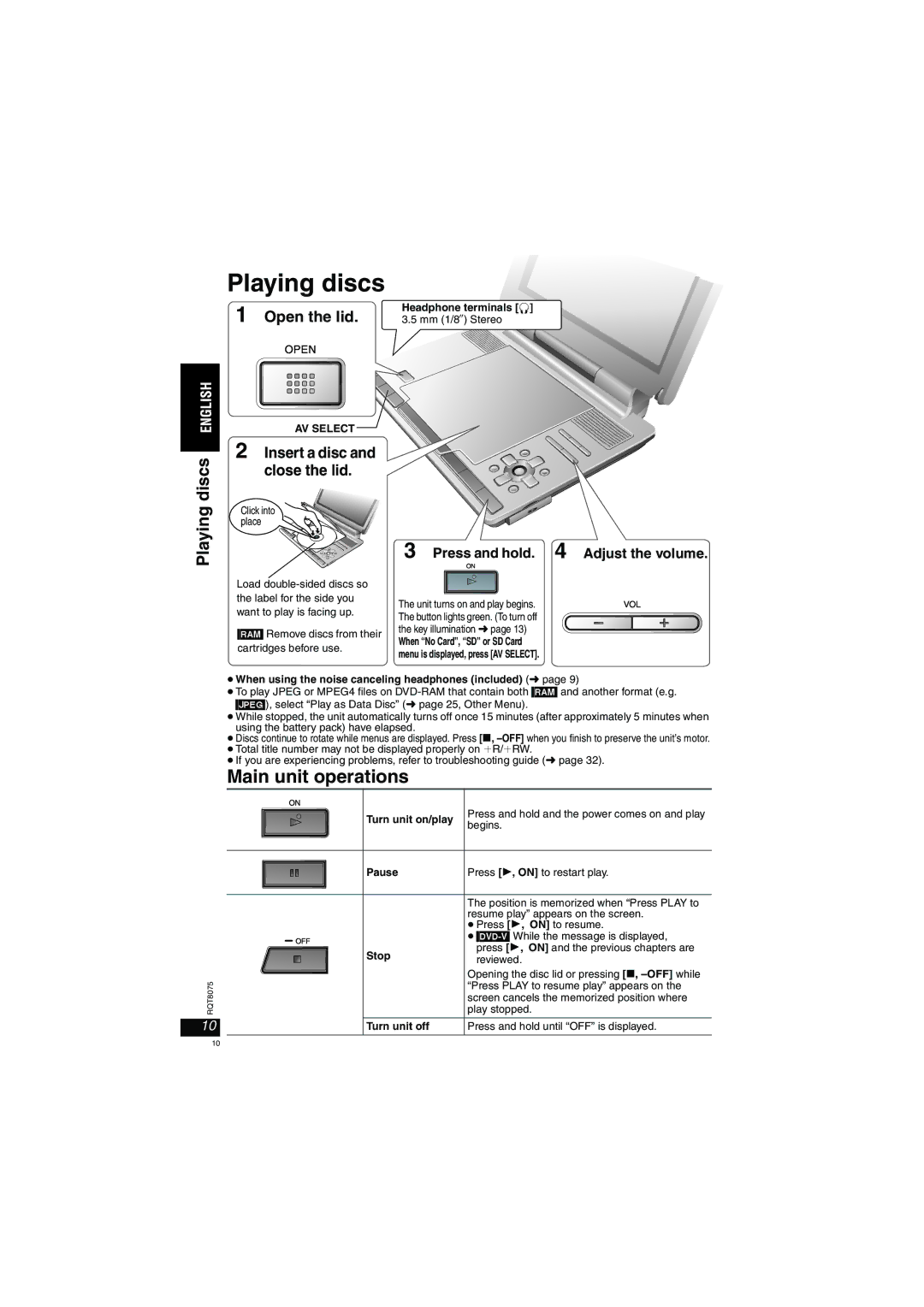 Panasonic DVD-LX95 operating instructions Playing discs, Main unit operations, Discs 