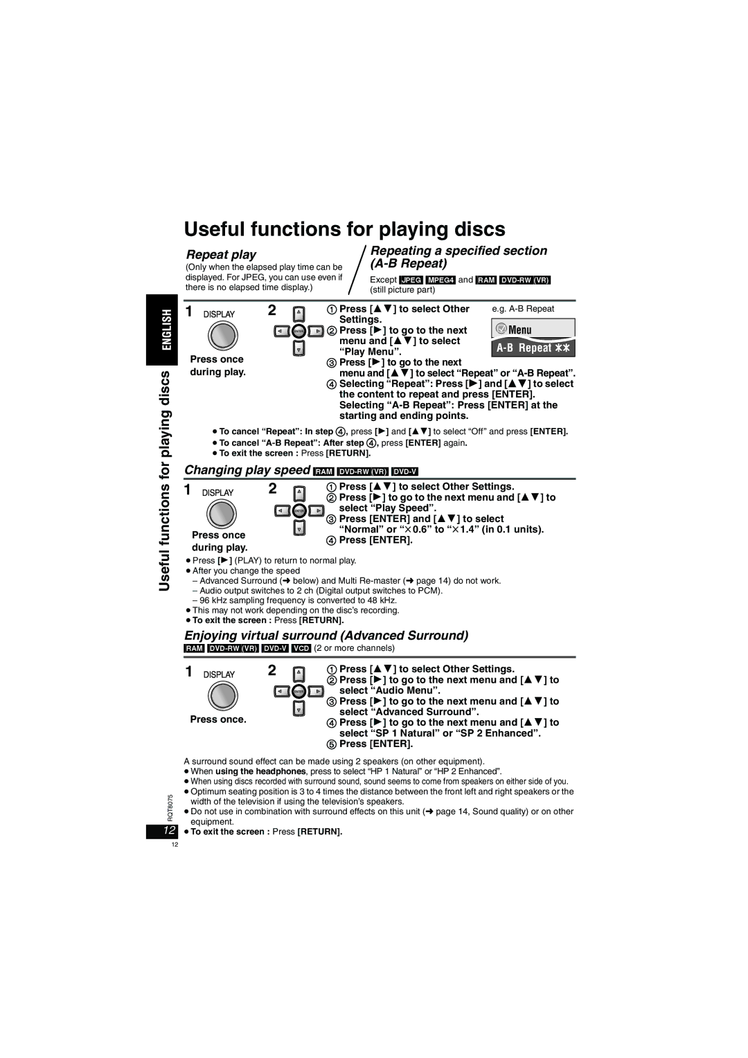 Panasonic DVD-LX95 Useful functions for playing discs, Repeat play Repeating a specified section, Menu 