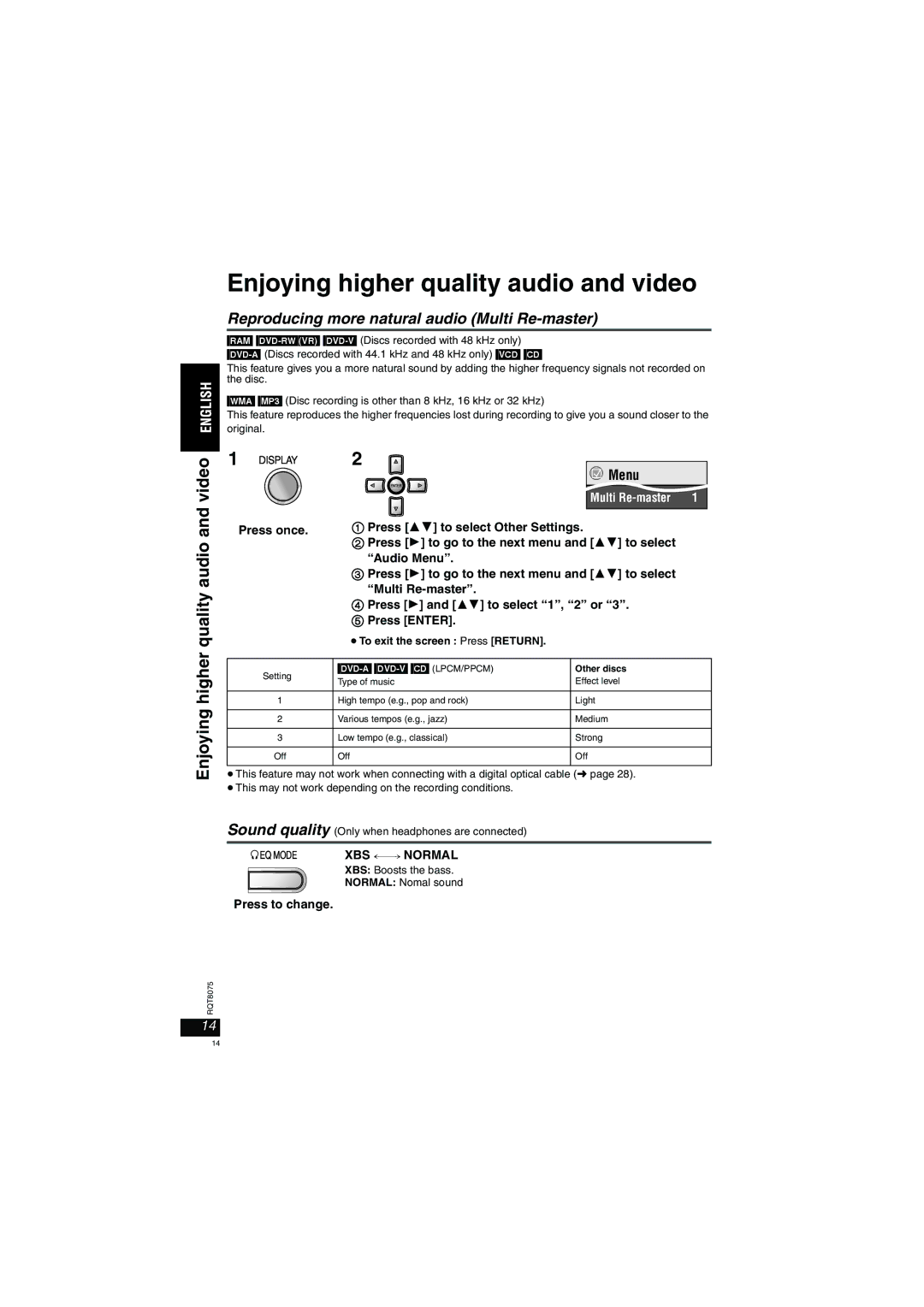 Panasonic DVD-LX95 Enjoying higher quality audio and video, Reproducing more natural audio Multi Re-master 