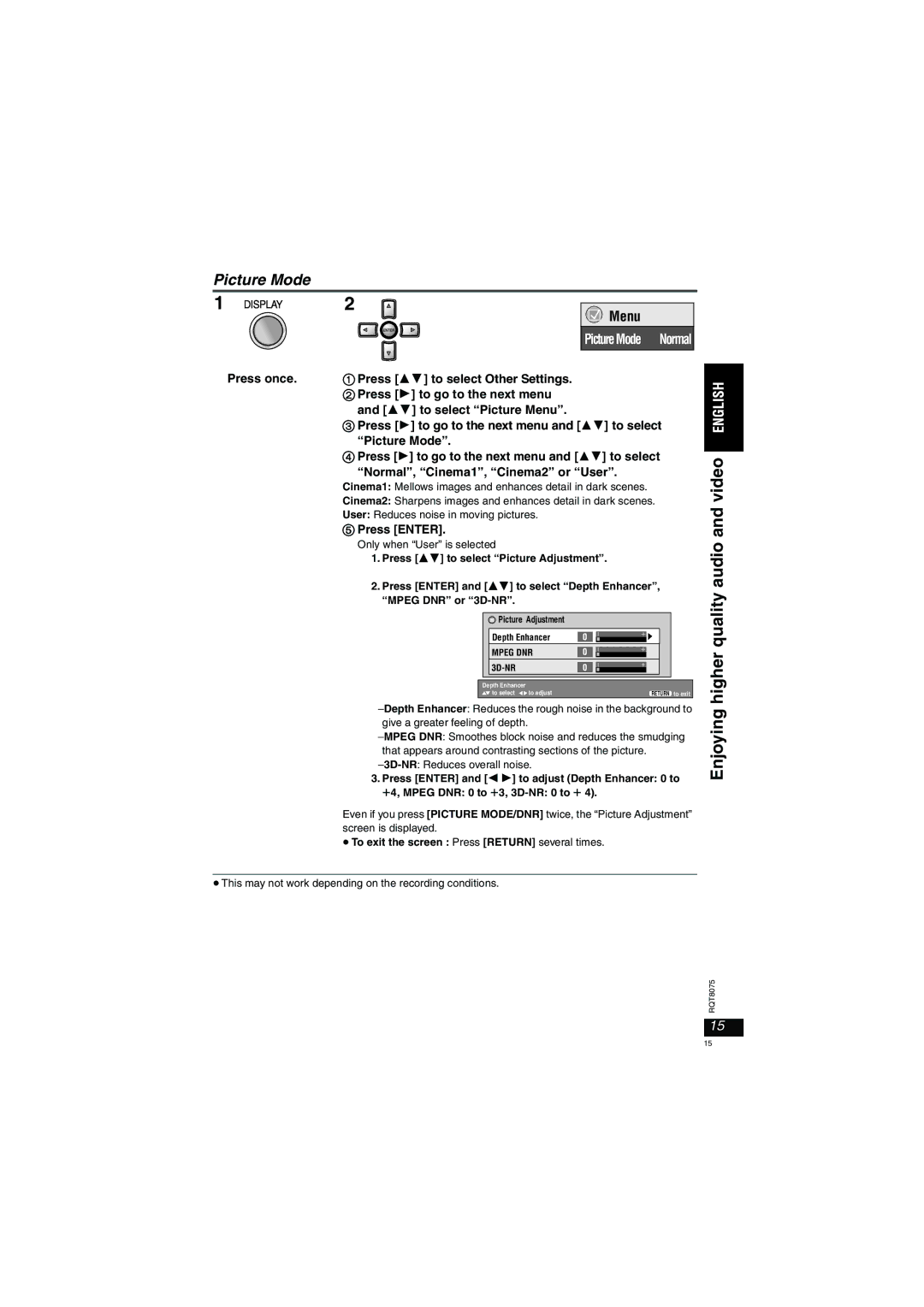 Panasonic DVD-LX95 operating instructions Picture Mode, Only when User is selected, 3D-NR Reduces overall noise 