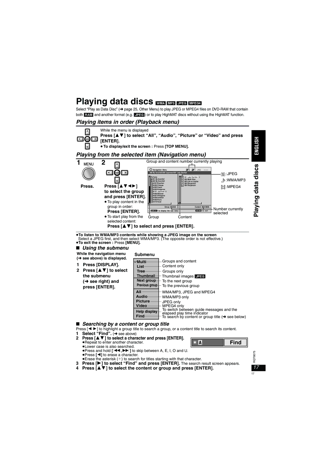 Panasonic DVD-LX95 operating instructions Playing data discs, Playing items in order Playback menu, Find 