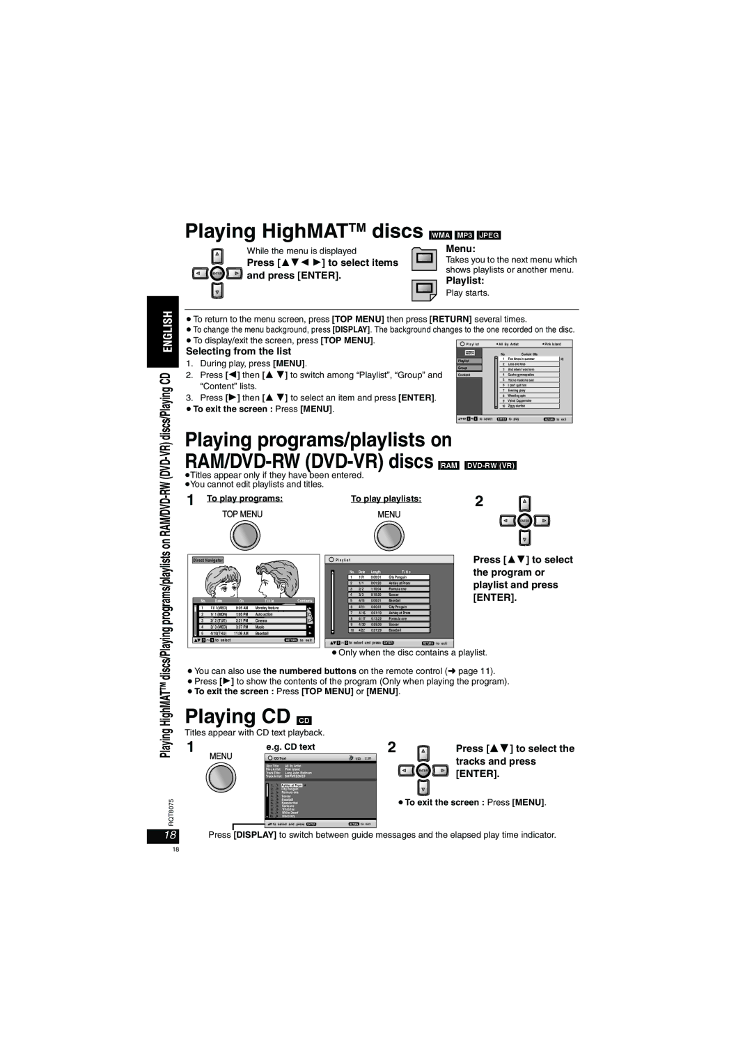 Panasonic DVD-LX95 operating instructions Playing HighMATTM discs, Playing CD CD 