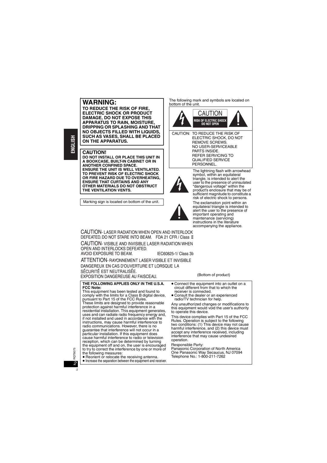 Panasonic DVD-LX95 Following Applies only in the U.S.A, ≥Connect the equipment into an outlet on a, FCC Note 