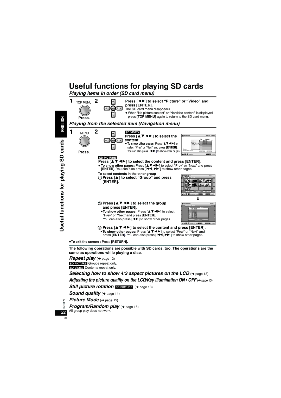 Panasonic DVD-LX95 Useful functions for playing SD cards, Playing items in order SD card menu, Repeat play 