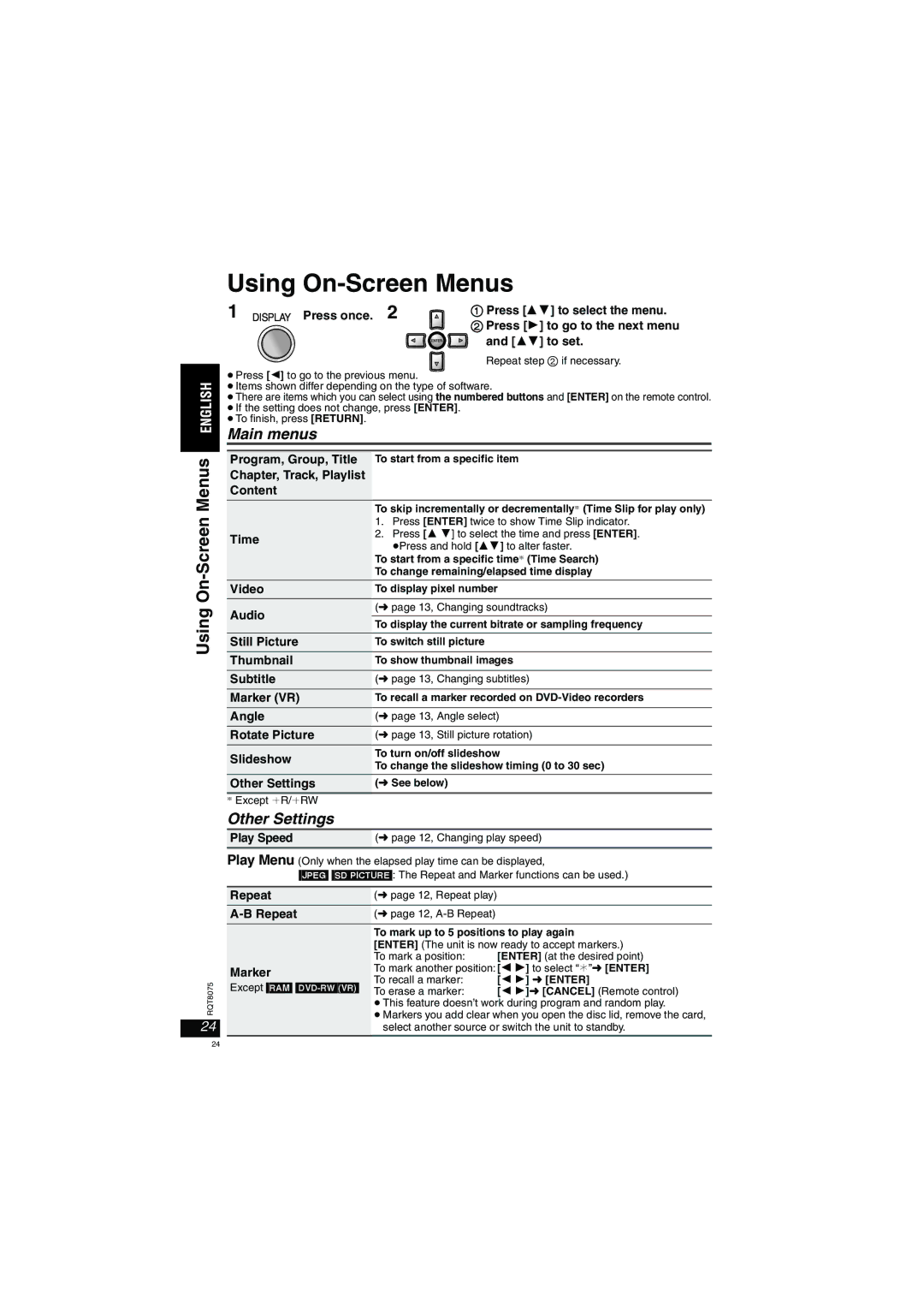 Panasonic DVD-LX95 operating instructions Using On-Screen Menus, Main menus, Other Settings 