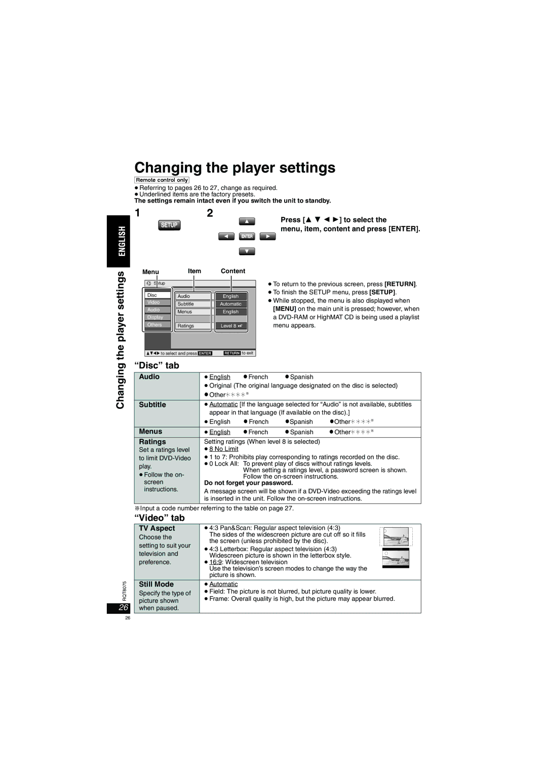 Panasonic DVD-LX95 operating instructions Changing the player settings, Player settings, Disc tab, Video tab 