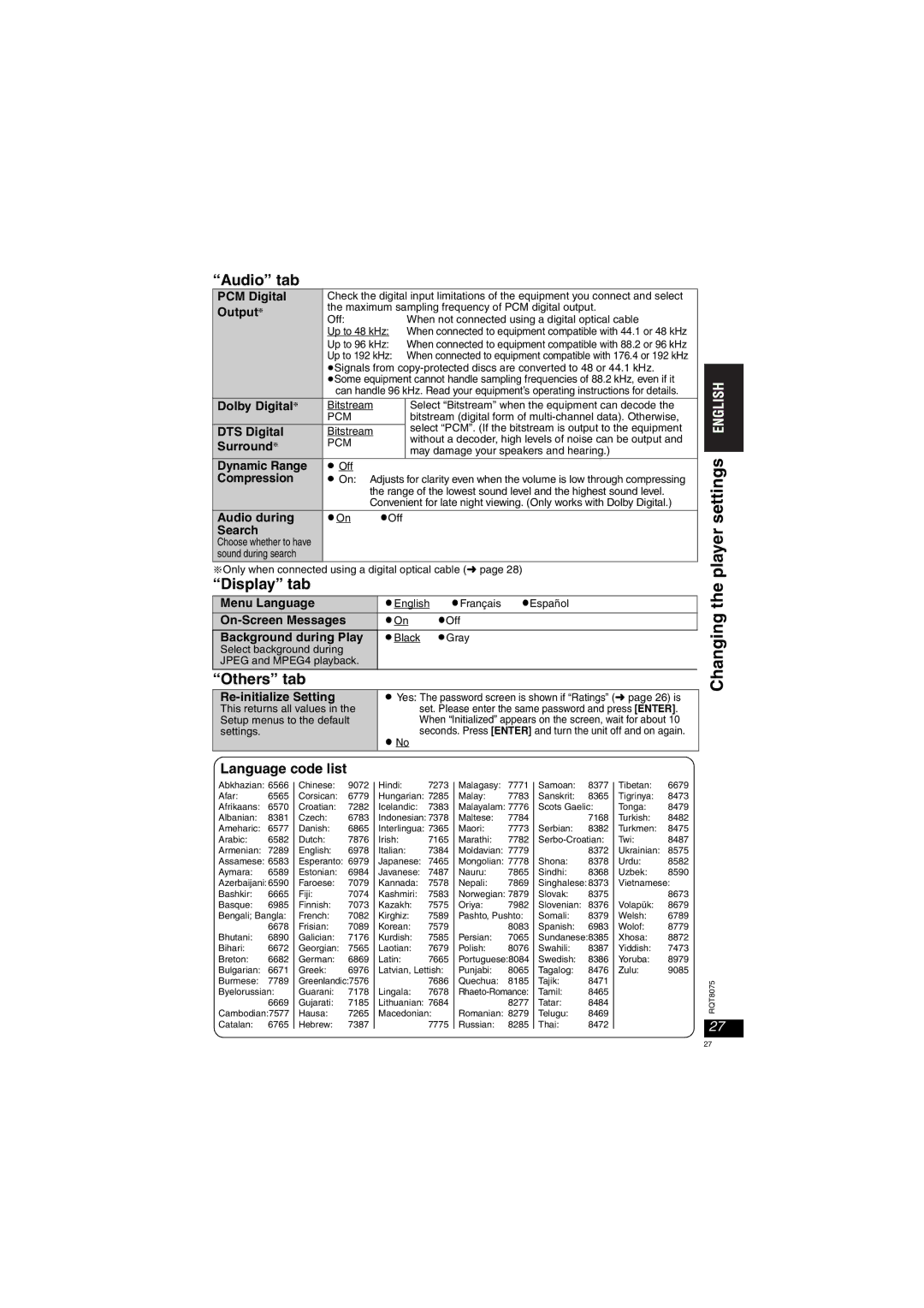 Panasonic DVD-LX95 Changing the player settings, Audio tab, Display tab, Others tab, Language code list 