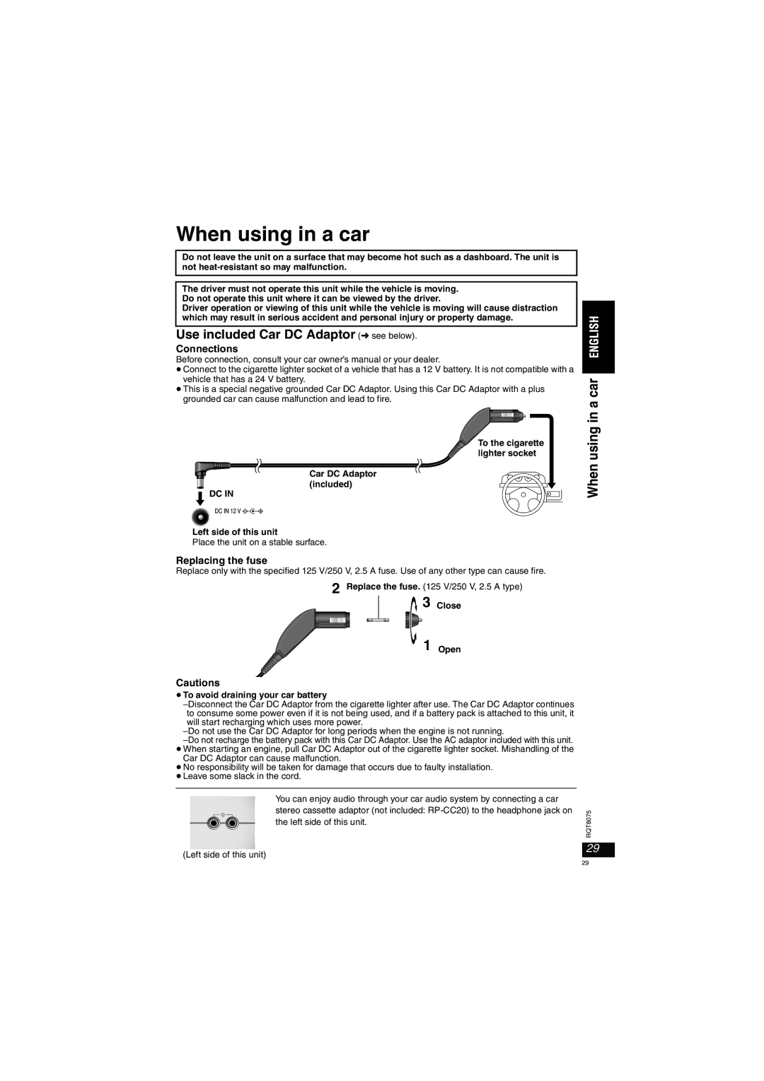 Panasonic DVD-LX95 When using in a car, Use included Car DC Adaptor see below, Connections, Replacing the fuse 