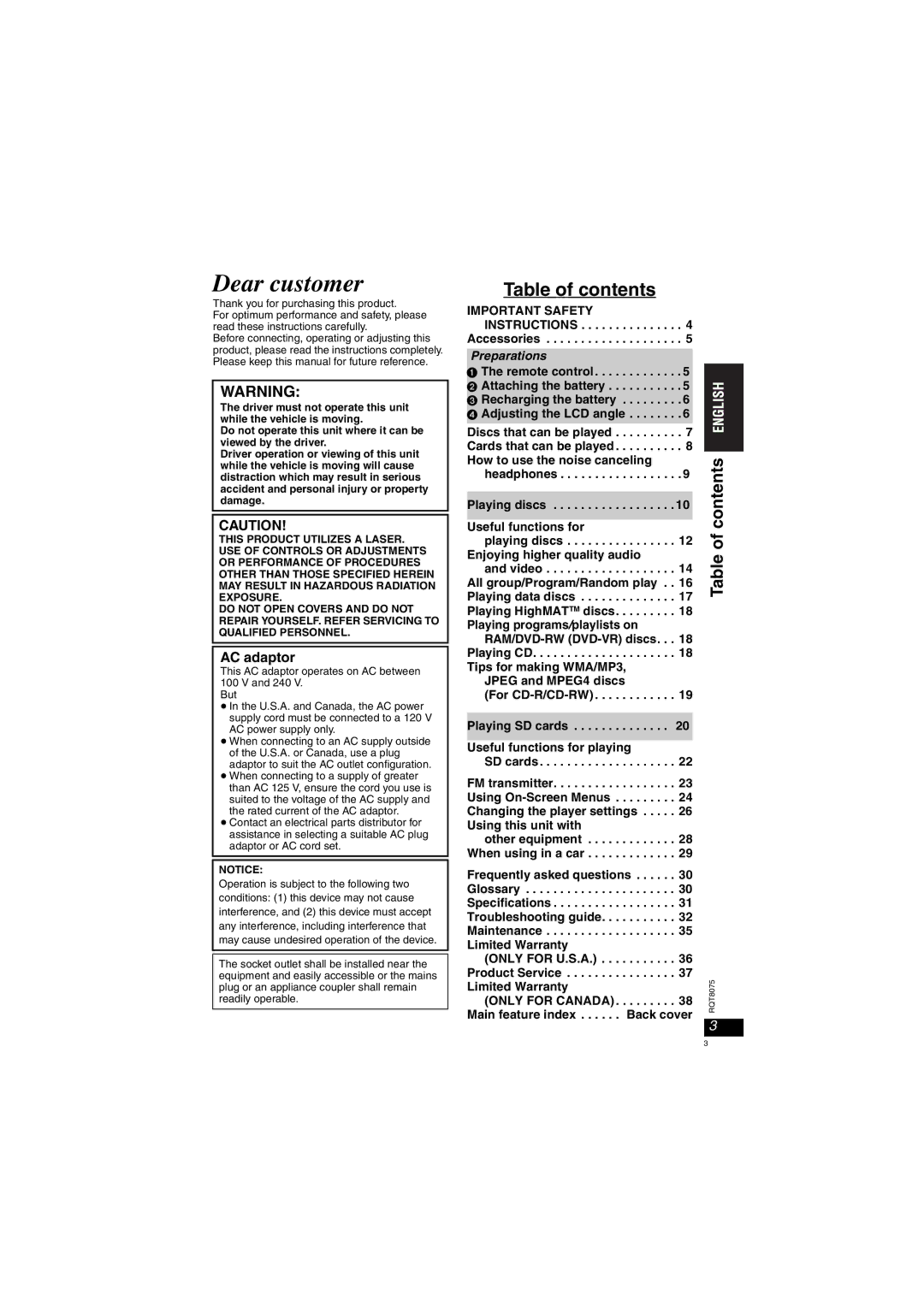 Panasonic DVD-LX95 operating instructions Dear customer, Table of contents 