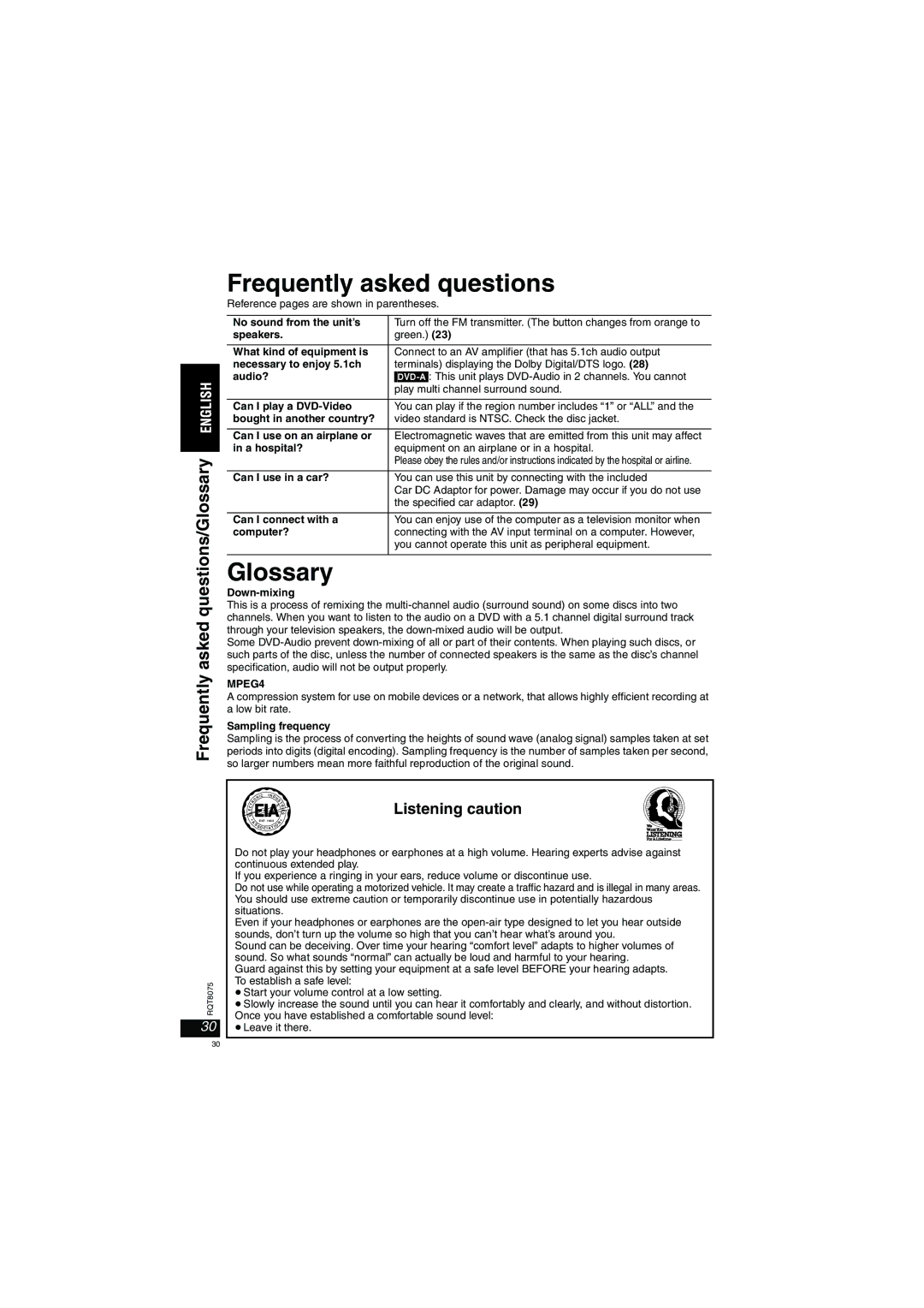 Panasonic DVD-LX95 operating instructions Frequently asked questions/Glossary, Listening caution 