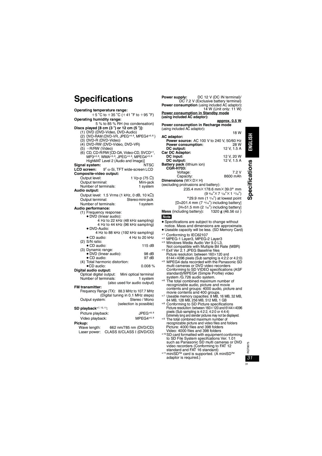 Panasonic DVD-LX95 operating instructions Specifications 