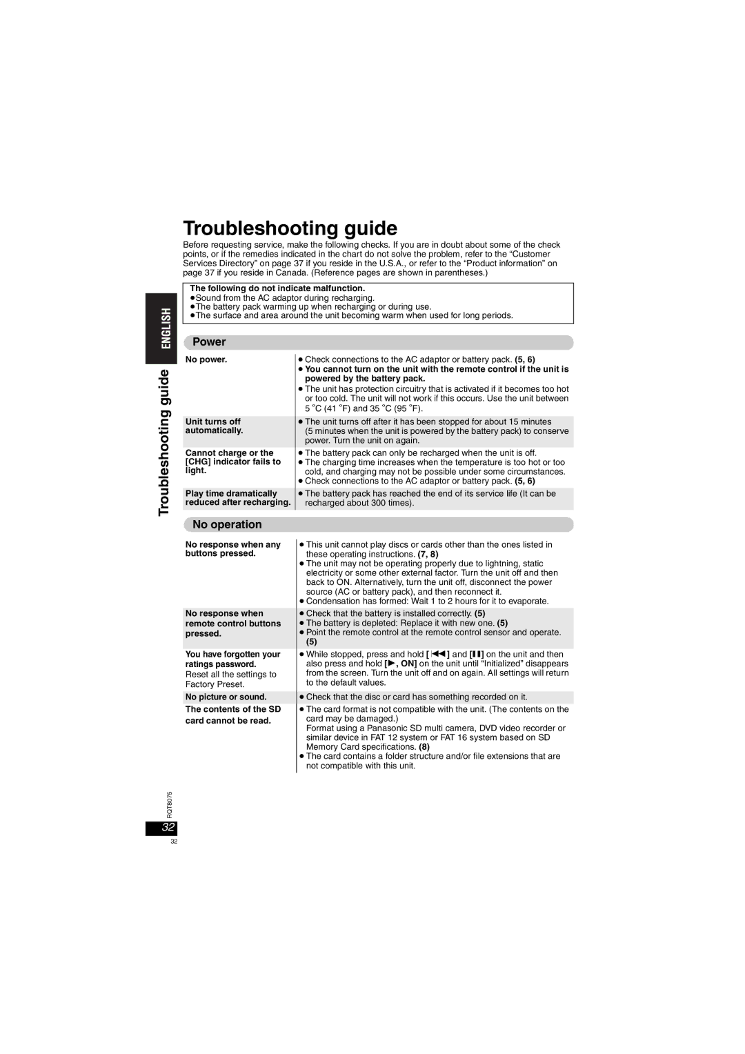 Panasonic DVD-LX95 operating instructions Troubleshooting guide, Power, No operation, No picture or sound 