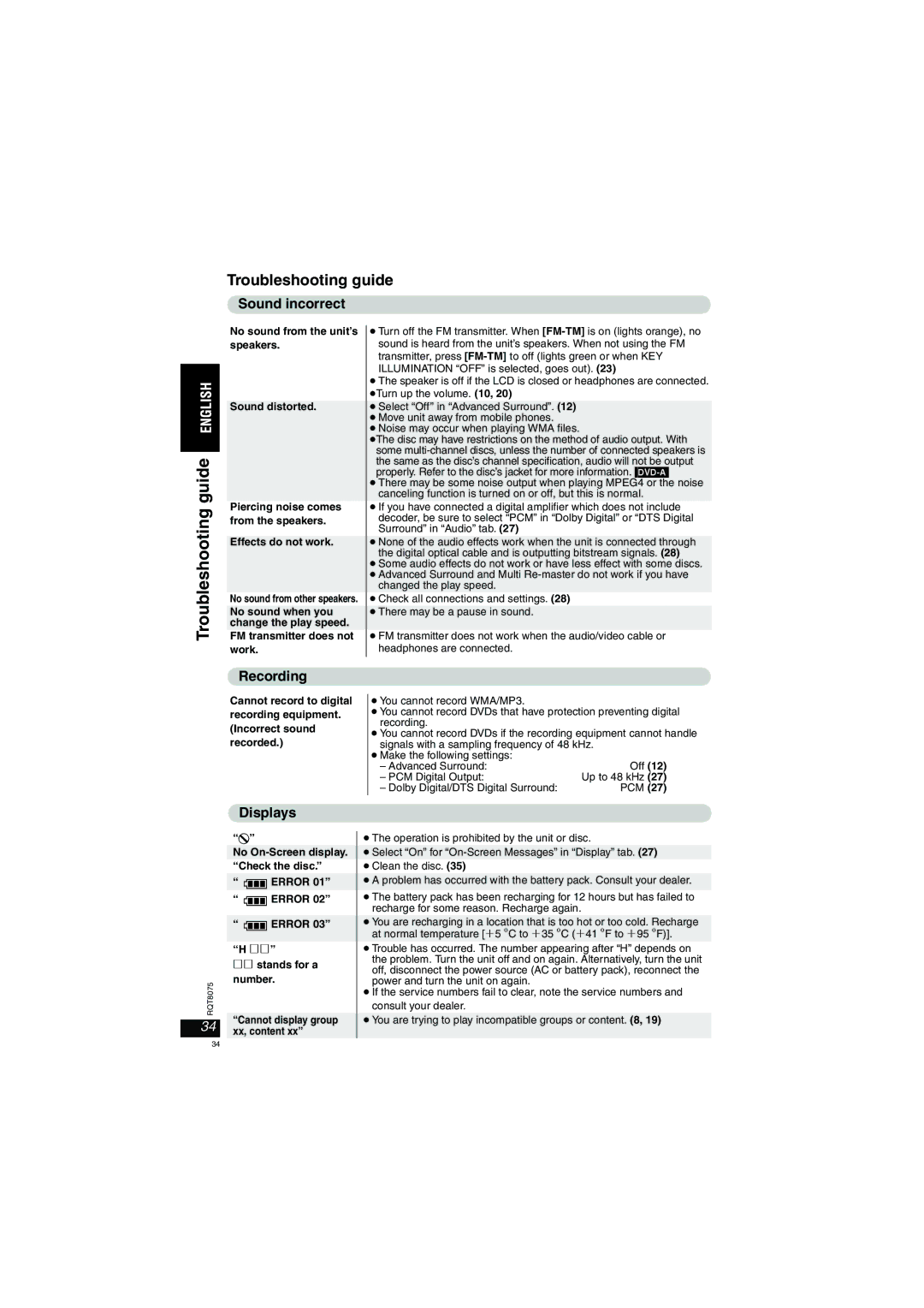 Panasonic DVD-LX95 operating instructions Troubleshooting guide, Sound incorrect, Recording, Displays 