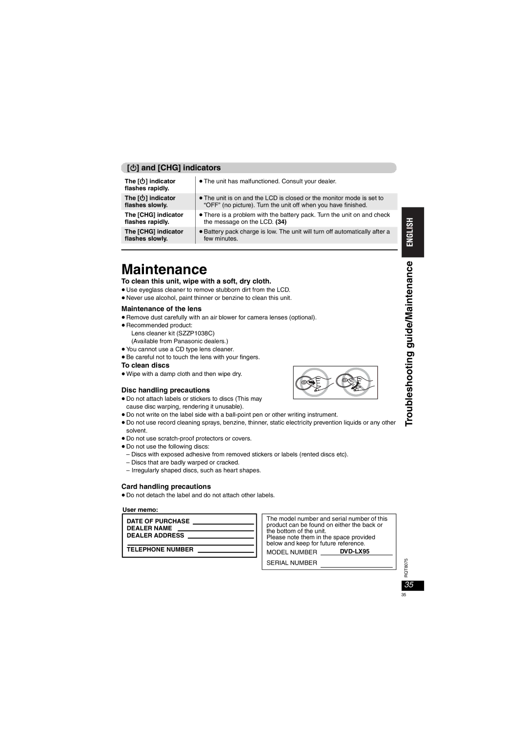 Panasonic DVD-LX95 operating instructions Troubleshooting guide/Maintenance, CHG indicators 