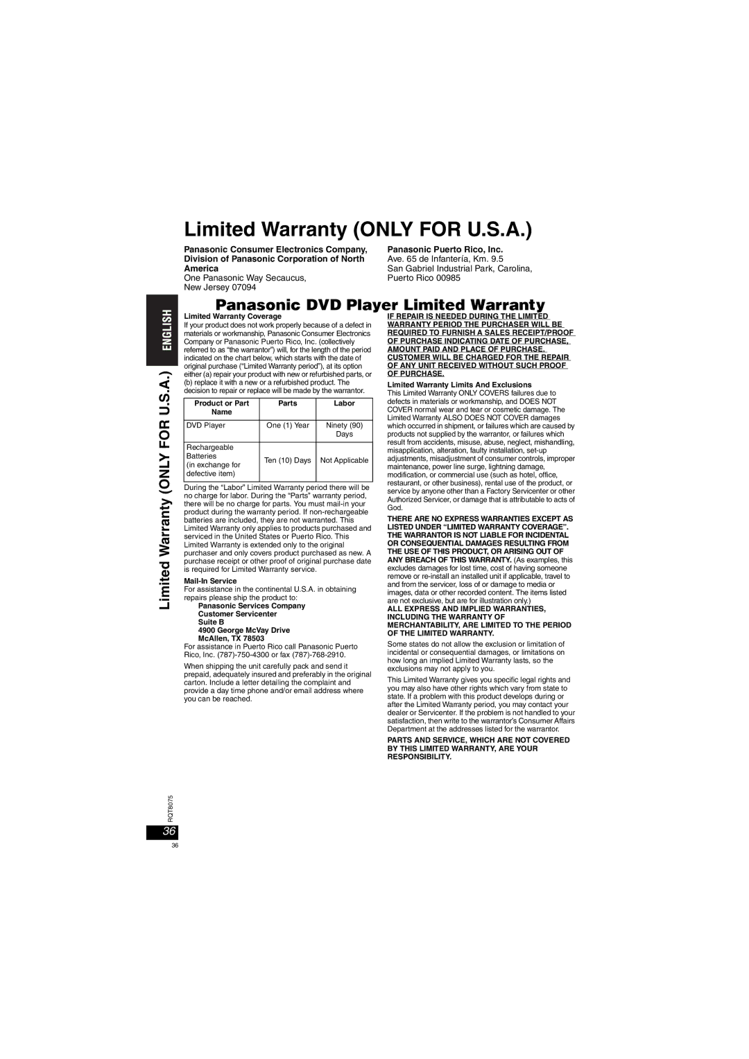 Panasonic DVD-LX95 operating instructions Limited Warranty only for U.S.A, America 