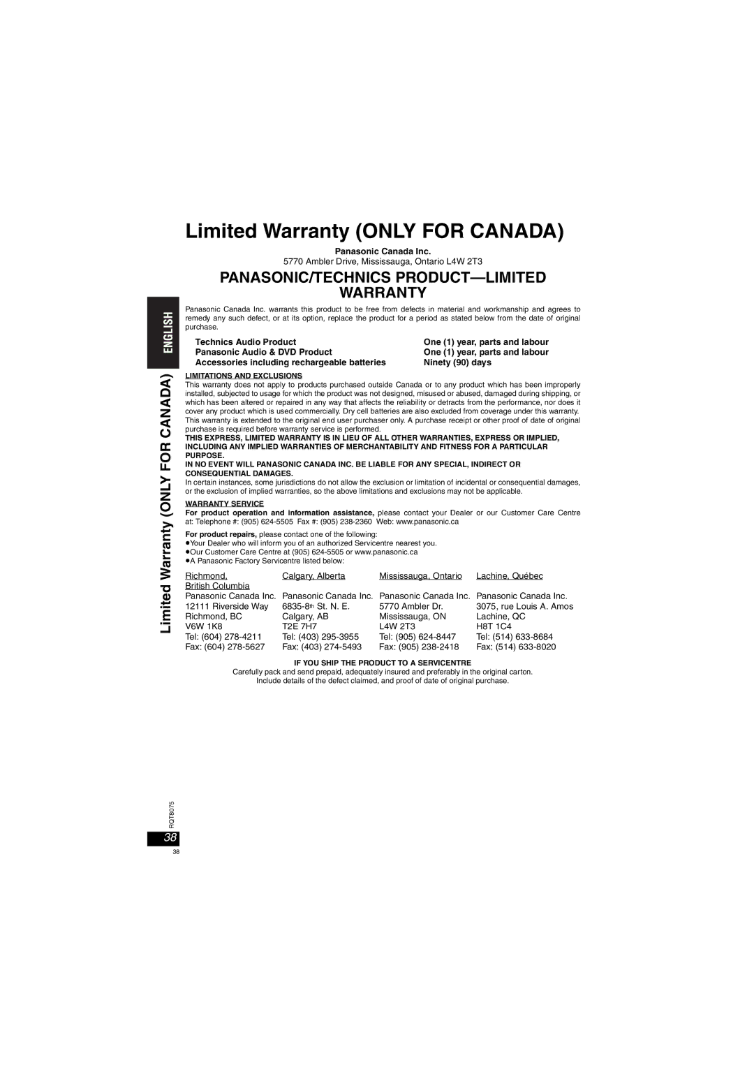 Panasonic DVD-LX95 operating instructions Limited Warranty only for Canada 