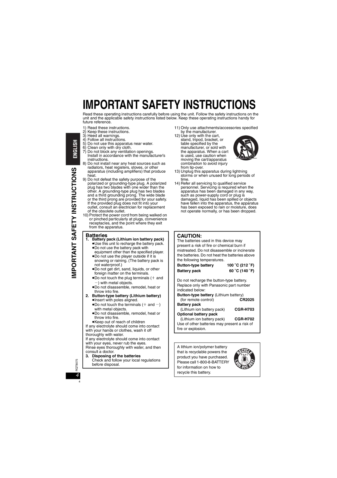 Panasonic DVD-LX95 operating instructions Batteries 