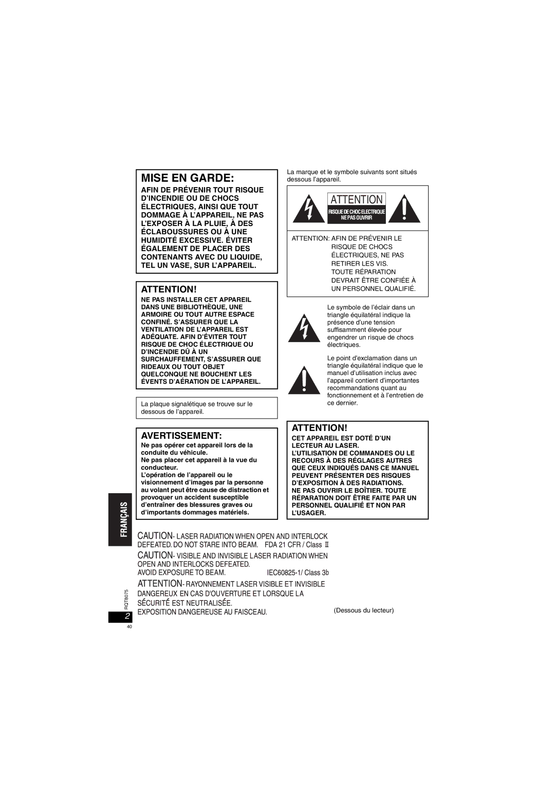 Panasonic DVD-LX95 operating instructions Mise EN Garde, Dessous du lecteur 