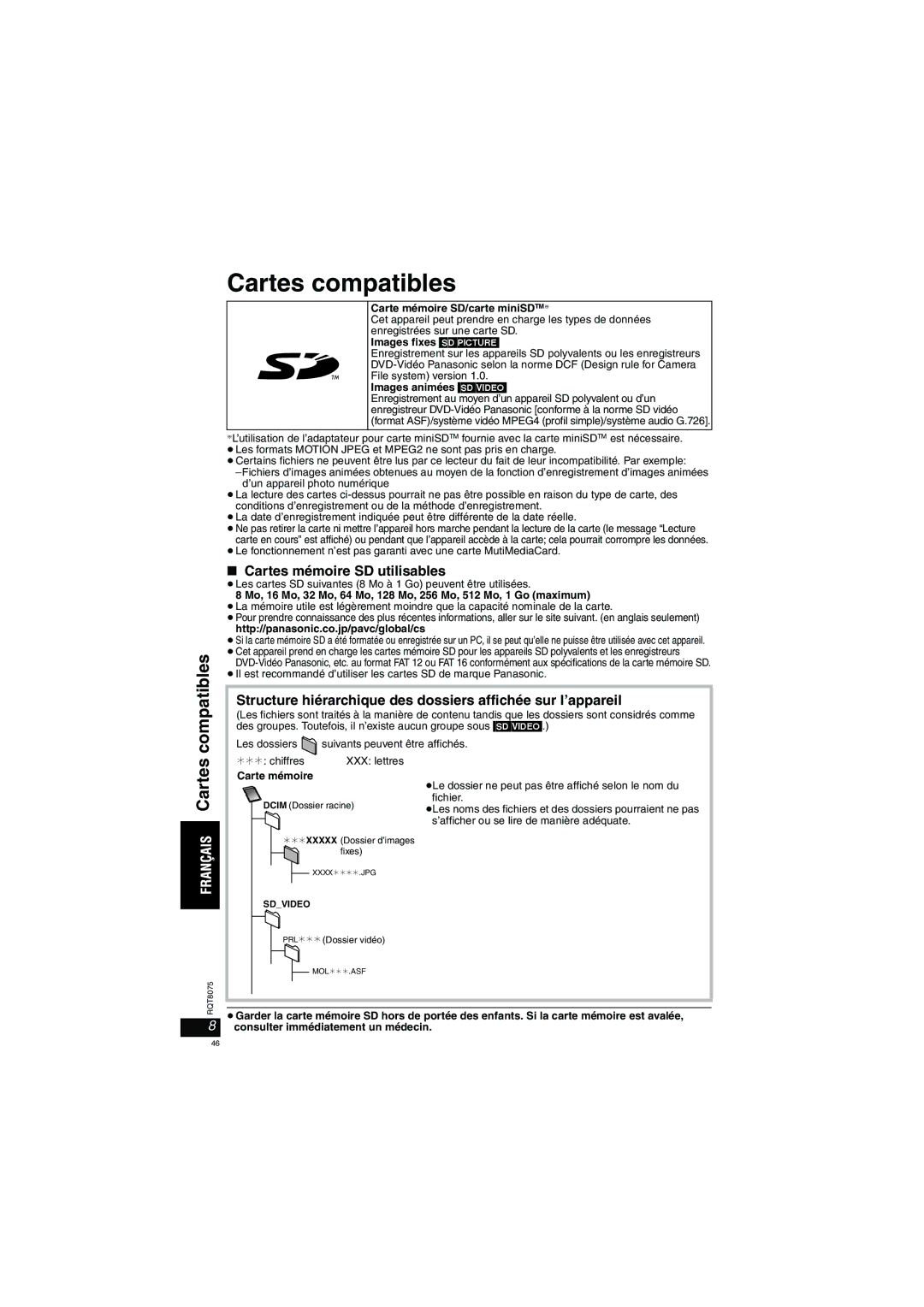 Panasonic DVD-LX95 operating instructions Cartes compatibles, Cartes mémoire SD utilisables 