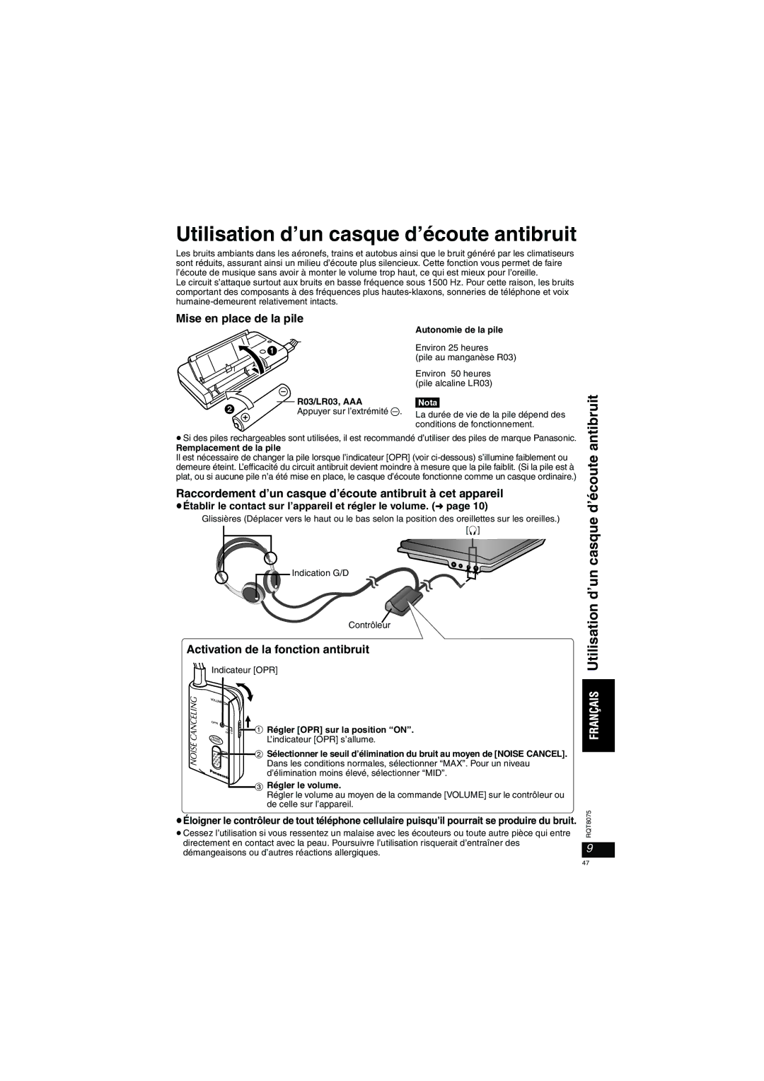 Panasonic DVD-LX95 operating instructions Utilisation d’un casque d’écoute antibruit, Antibruit 