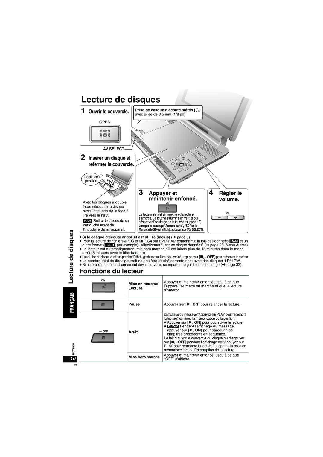 Panasonic DVD-LX95 Lecture de disques, Fonctions du lecteur, Appuyer et maintenir enfoncé, Régler le volume 