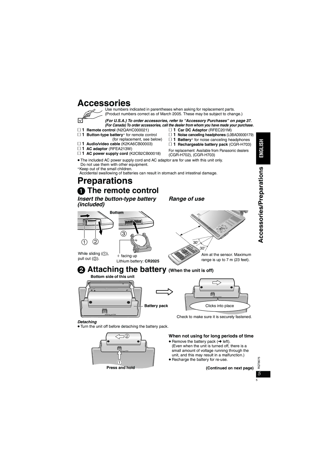 Panasonic DVD-LX95 Accessories/Preparations, Insert the button-type battery Range of use Included 