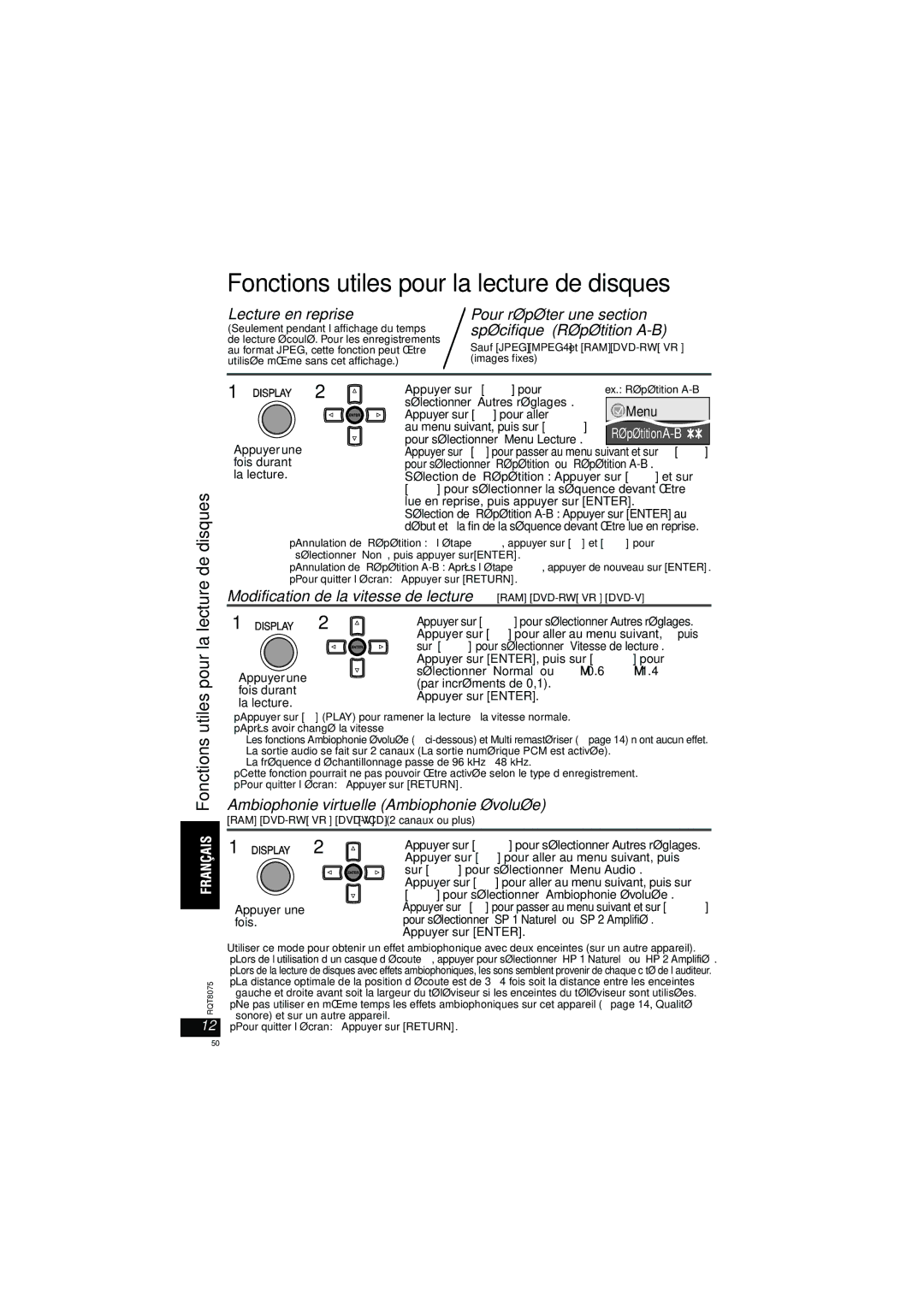 Panasonic DVD-LX95 operating instructions Fonctions utiles pour la lecture de disques 