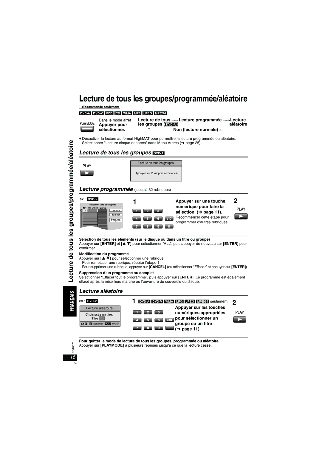 Panasonic DVD-LX95 Groupes/programmée/aléatoire, Lecture de tous les groupes DVD-A, Lecture aléatoire 