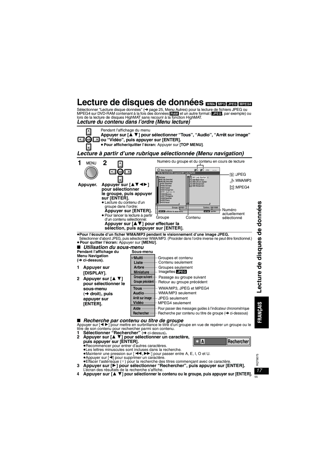 Panasonic DVD-LX95 operating instructions Disques de données, Lecture de, Lecture du contenu dans l’ordre Menu lecture 