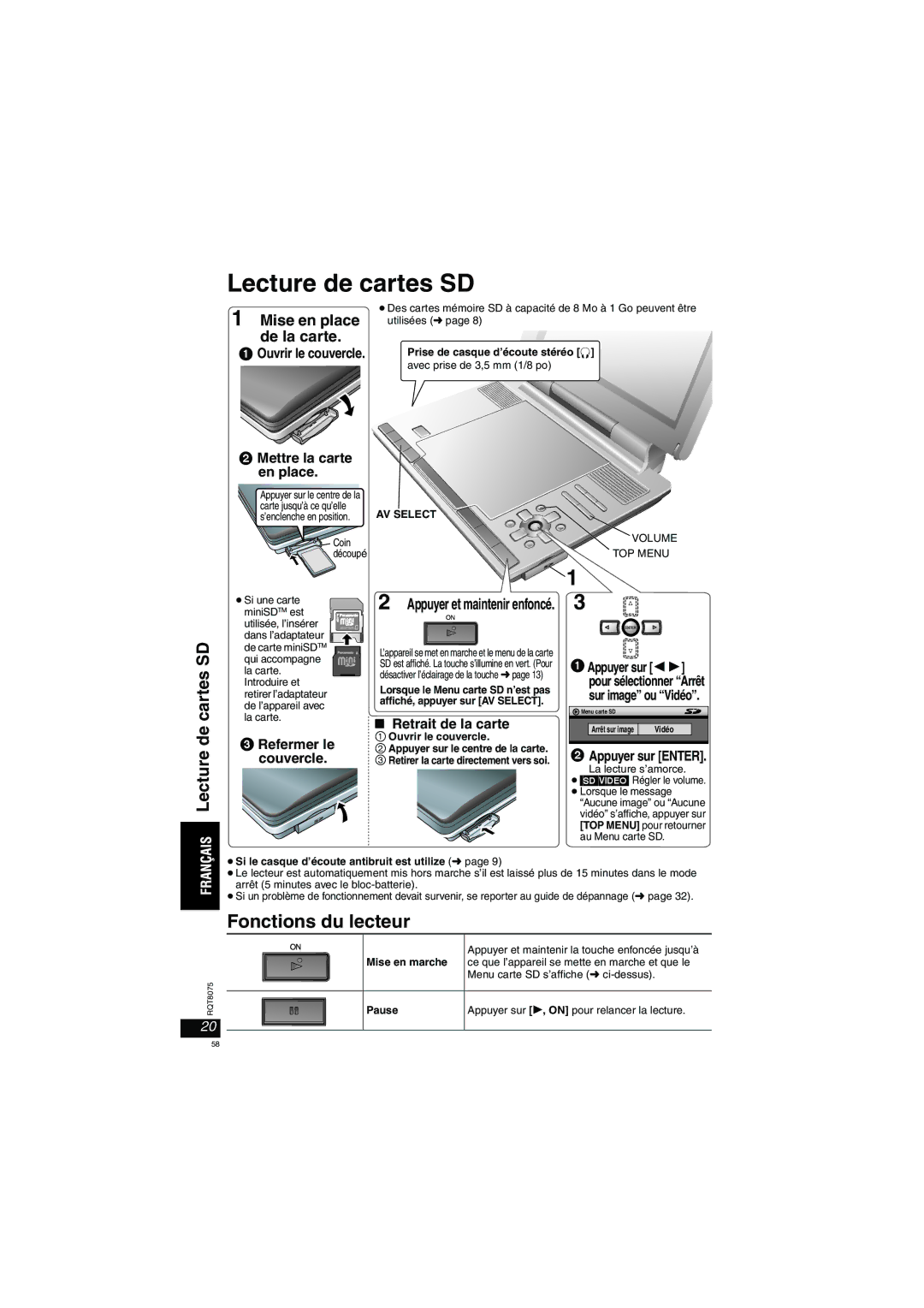 Panasonic DVD-LX95 operating instructions Lecture de cartes SD, Mise en place de la carte 